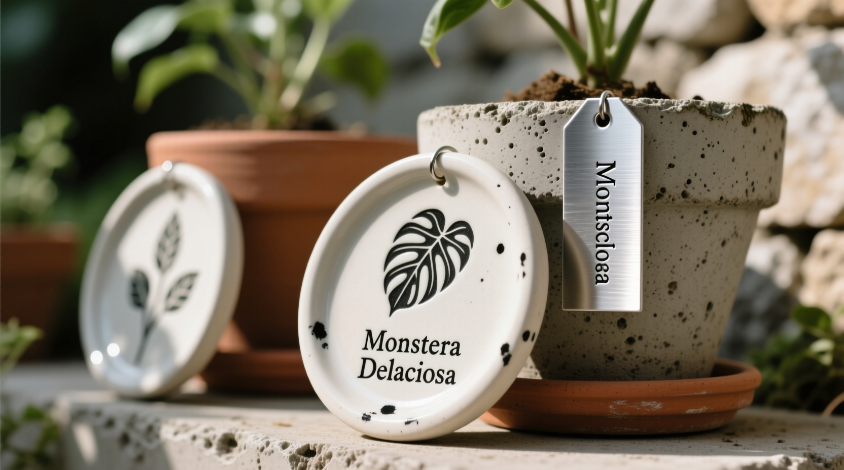 Close-up of matte-finish ceramic plant discs and brushed stainless steel tags mounted on terracotta and concrete pots, with clean, legible hand-stamped botanical names visible under diffused natural light