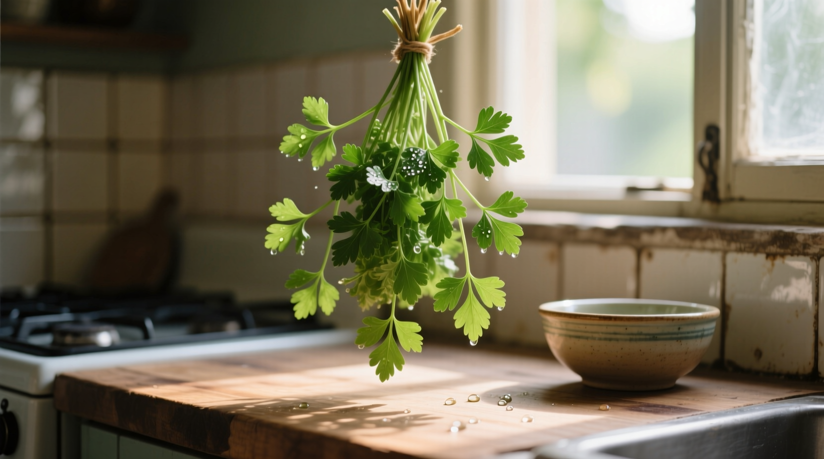 Fresh parsley sprigs hanging to dry in a kitchen