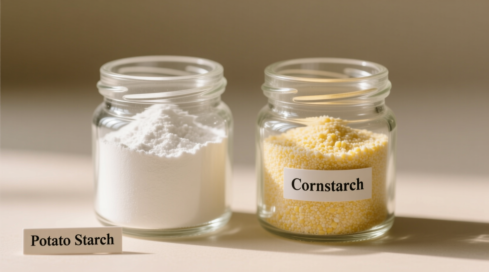 Potato starch and cornstarch side by side in clear containers