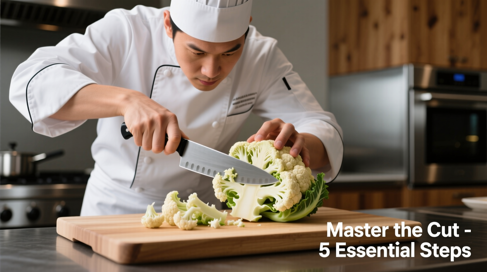 Chef demonstrating proper cauliflower cutting technique