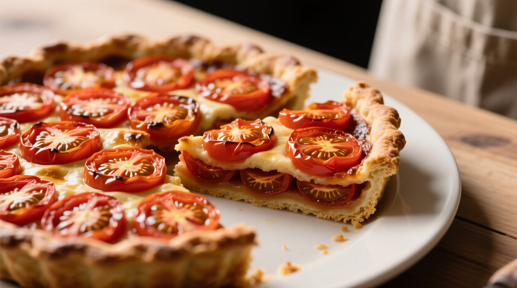 Step-by-step: Patting dry roasted tomatoes before assembling pie