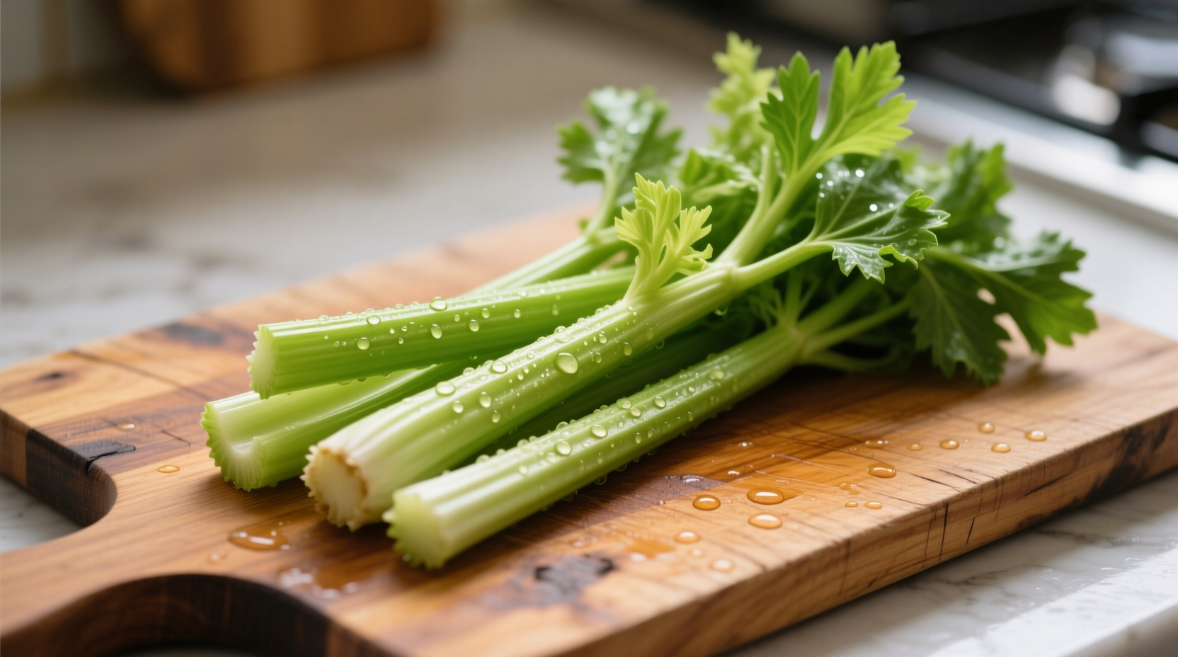 Frische Selleriestangen auf Holzbrett zur Qualitätsbeurteilung