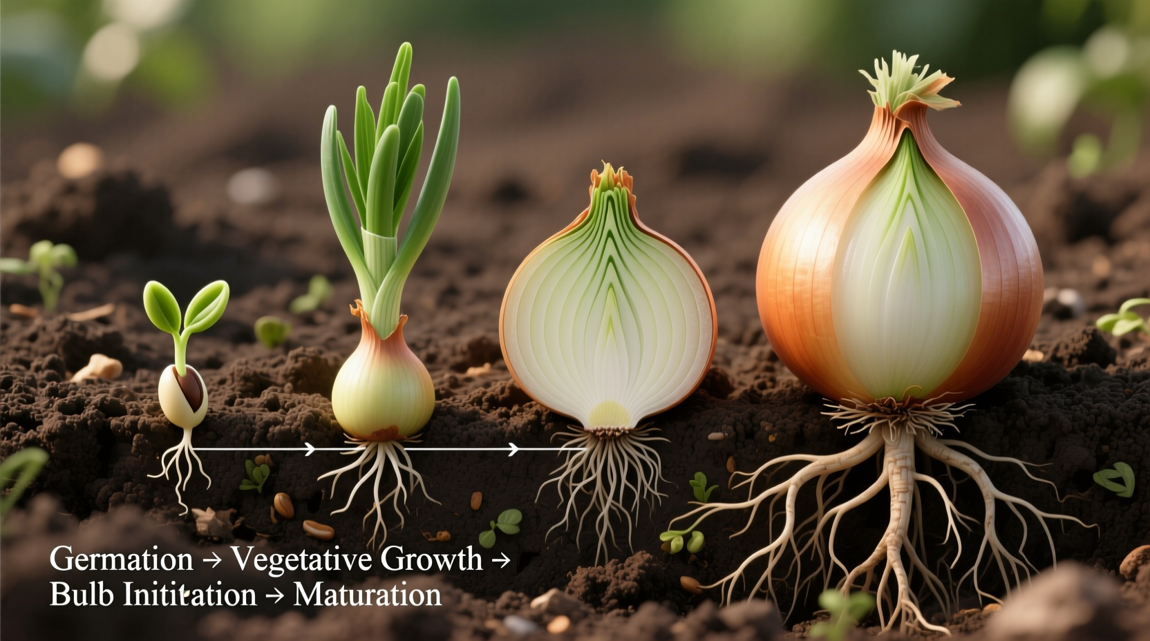 Onion growth stages in garden soil