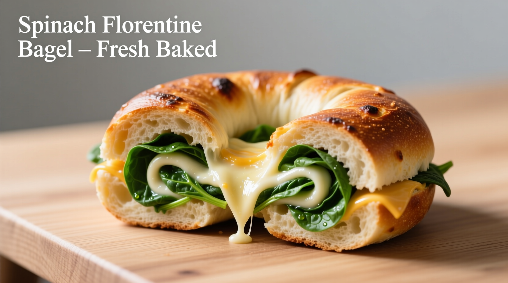 Freshly baked spinach florentine bagel with visible cheese swirl