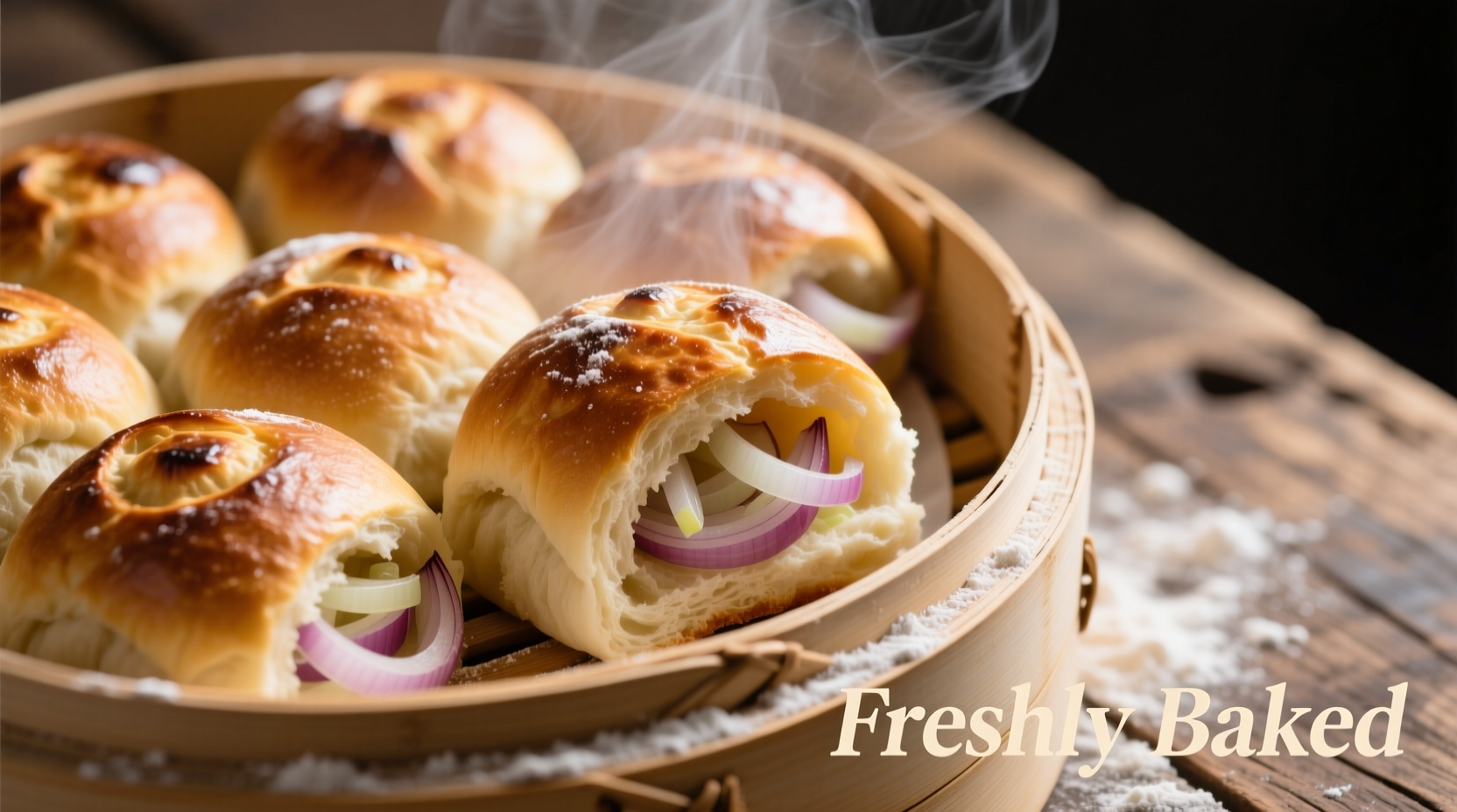 Freshly baked onion buns with golden crust