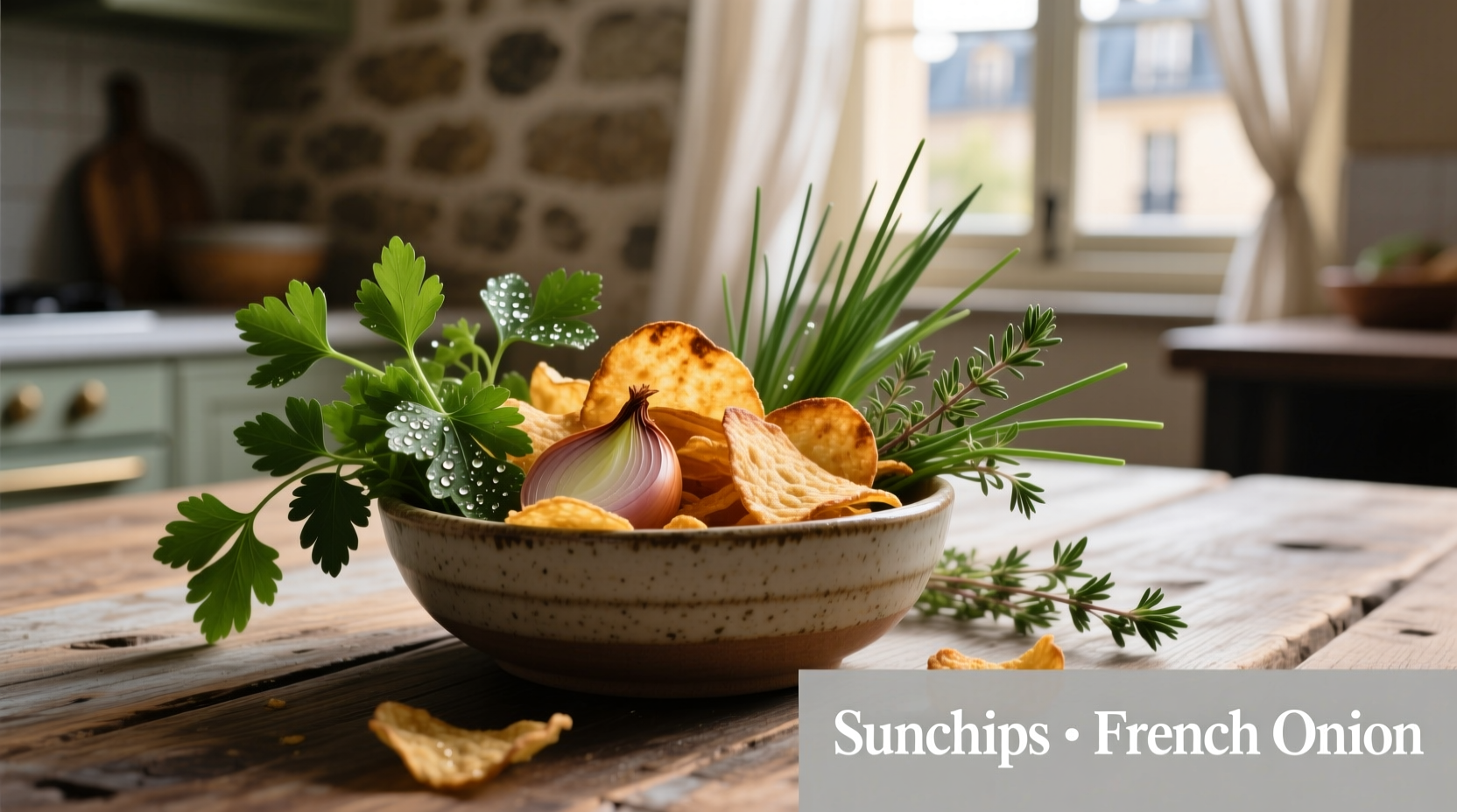 French onion Sunchips in a bowl with fresh herbs