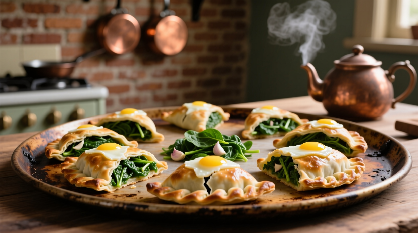 Homemade spinach empanadas golden brown on baking sheet