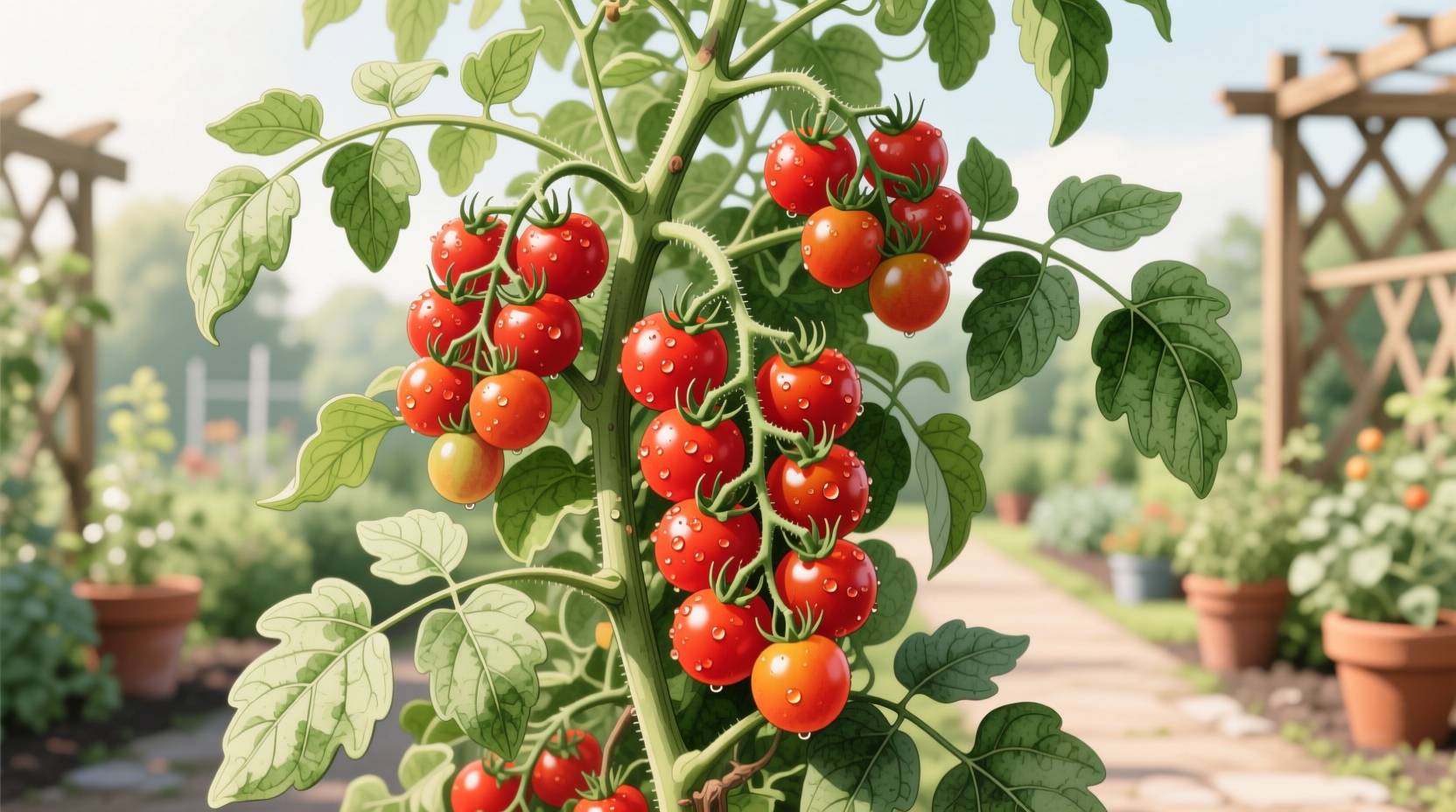 Healthy grape tomato plant with clusters of ripe fruit