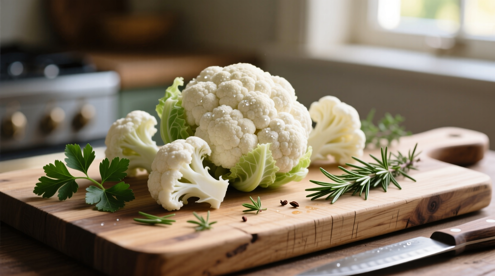 Fresh cauliflower florets on wooden cutting board with herbs