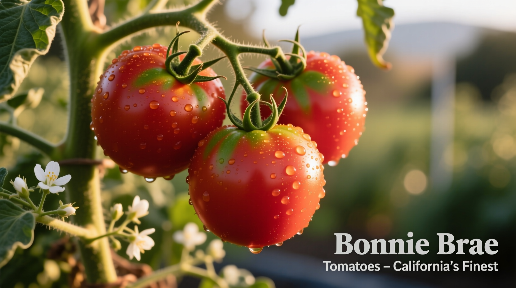 Ripe Bonnie Brae tomatoes on vine with characteristic oval shape