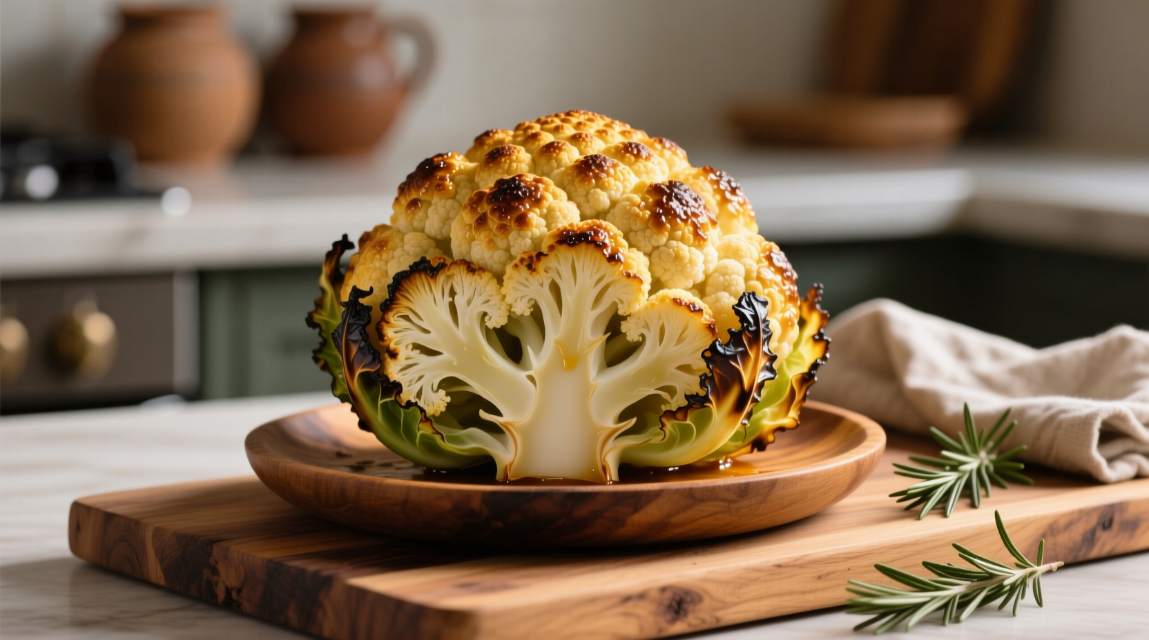 Golden roasted whole cauliflower head on wooden platter