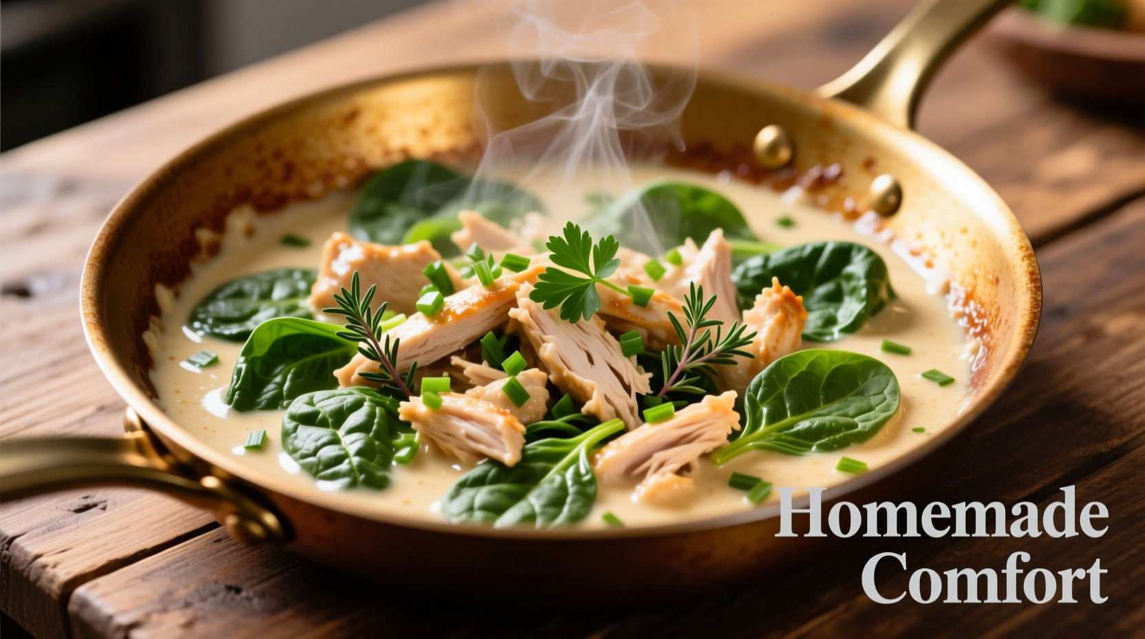 Creamy spinach chicken in skillet with fresh herbs