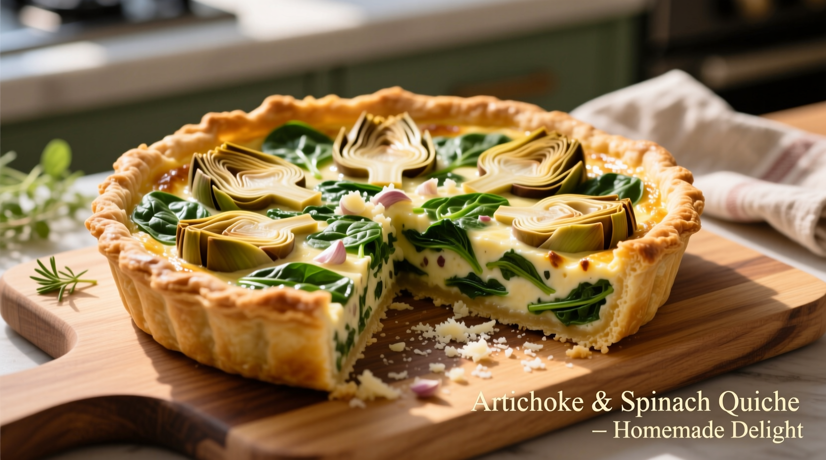 Golden spinach artichoke quiche with visible artichoke pieces