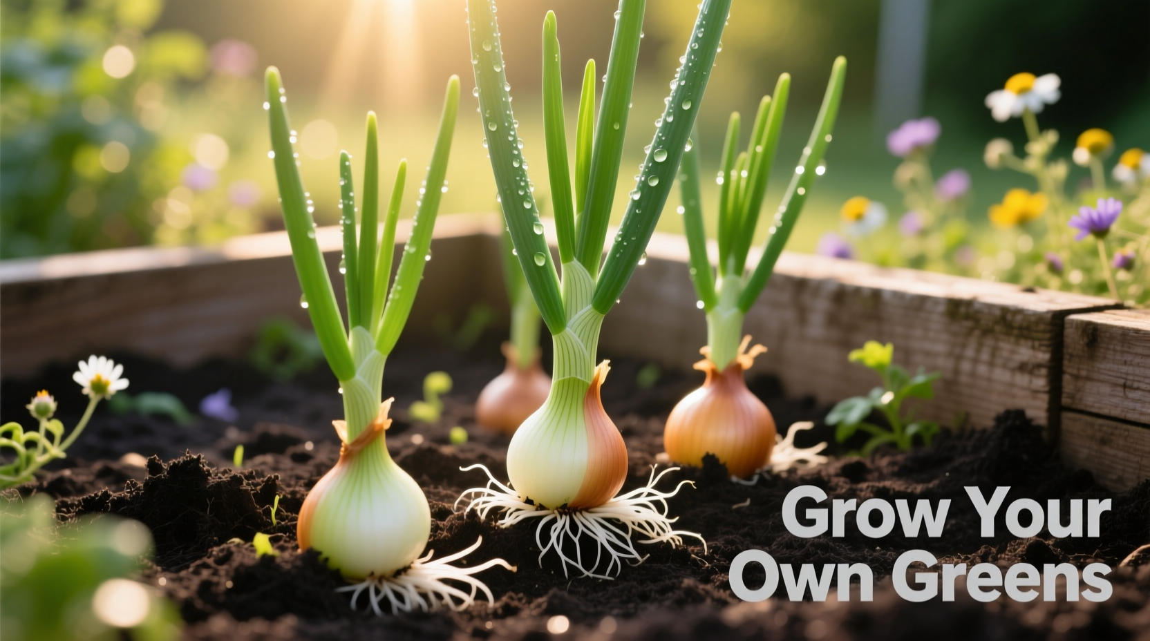 Green onions growing from onion sets in garden