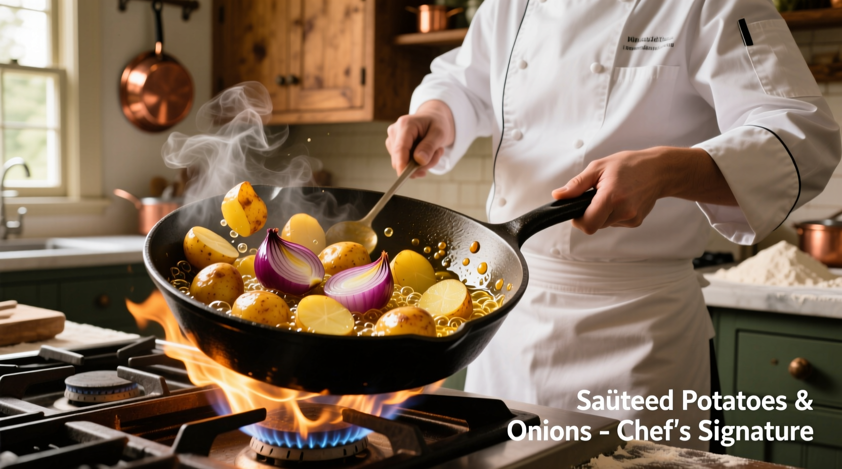Chef sautéing potatoes and onions in cast iron skillet