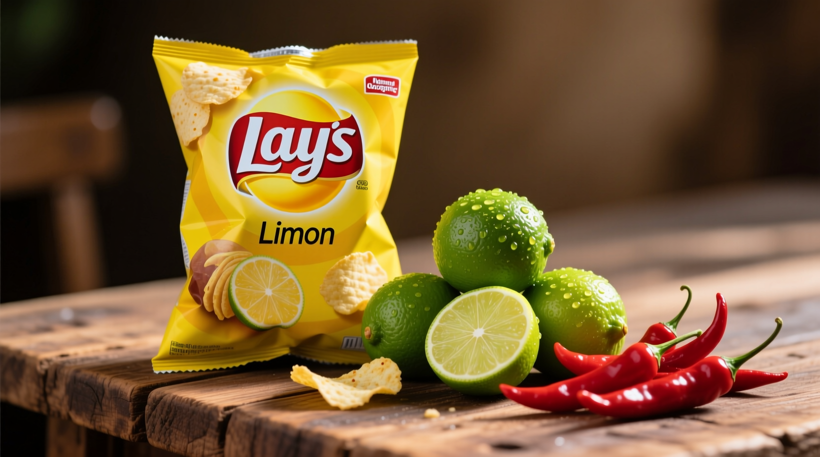 Lays Limon potato chips bag next to fresh limes and chili peppers