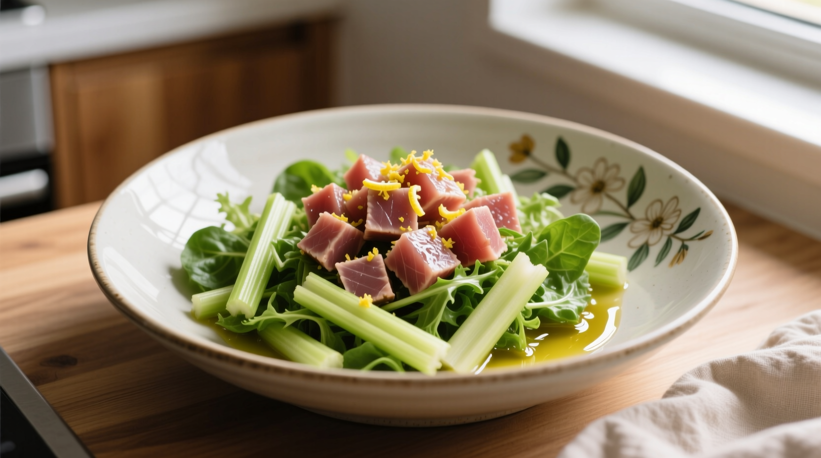 Fresh tuna salad with celery in a bowl
