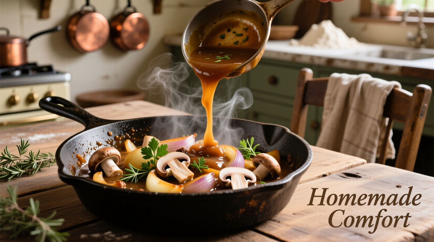 Mushroom and onion gravy in cast iron skillet