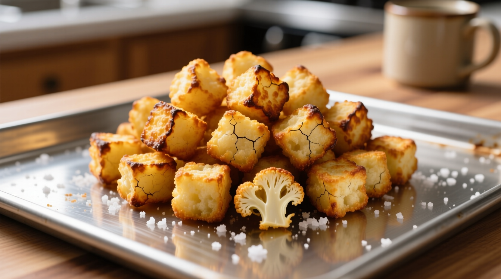 Golden brown cauliflower tater tots on baking sheet