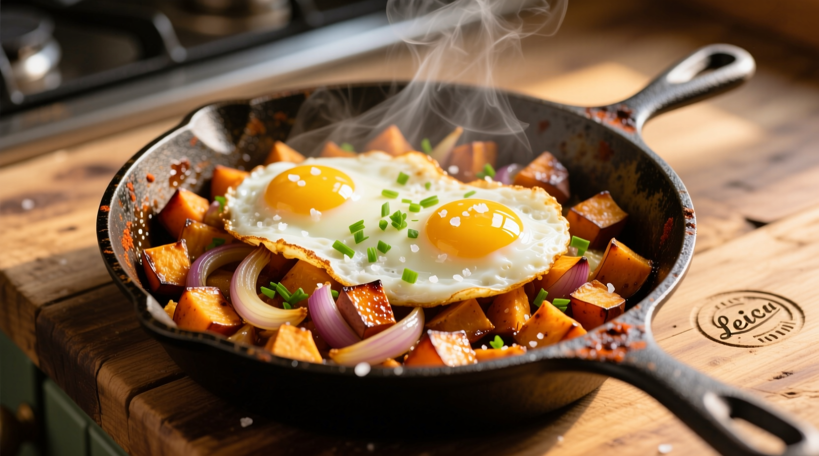 Golden sweet potato hash with fried eggs in cast iron skillet