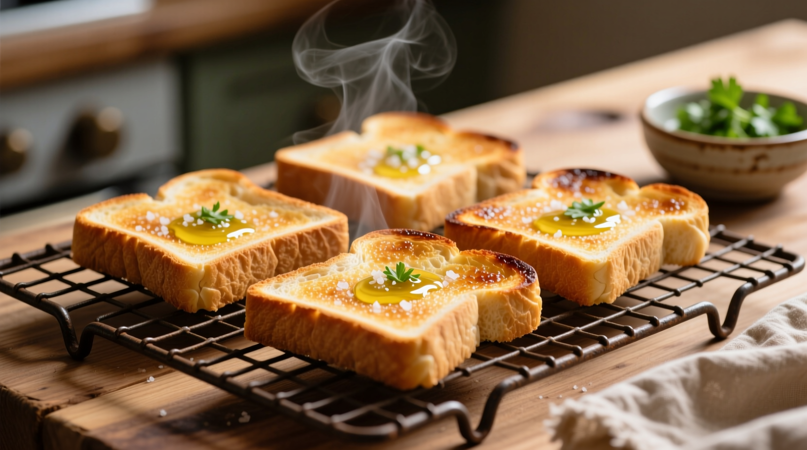 Perfect golden garlic toast on wire rack