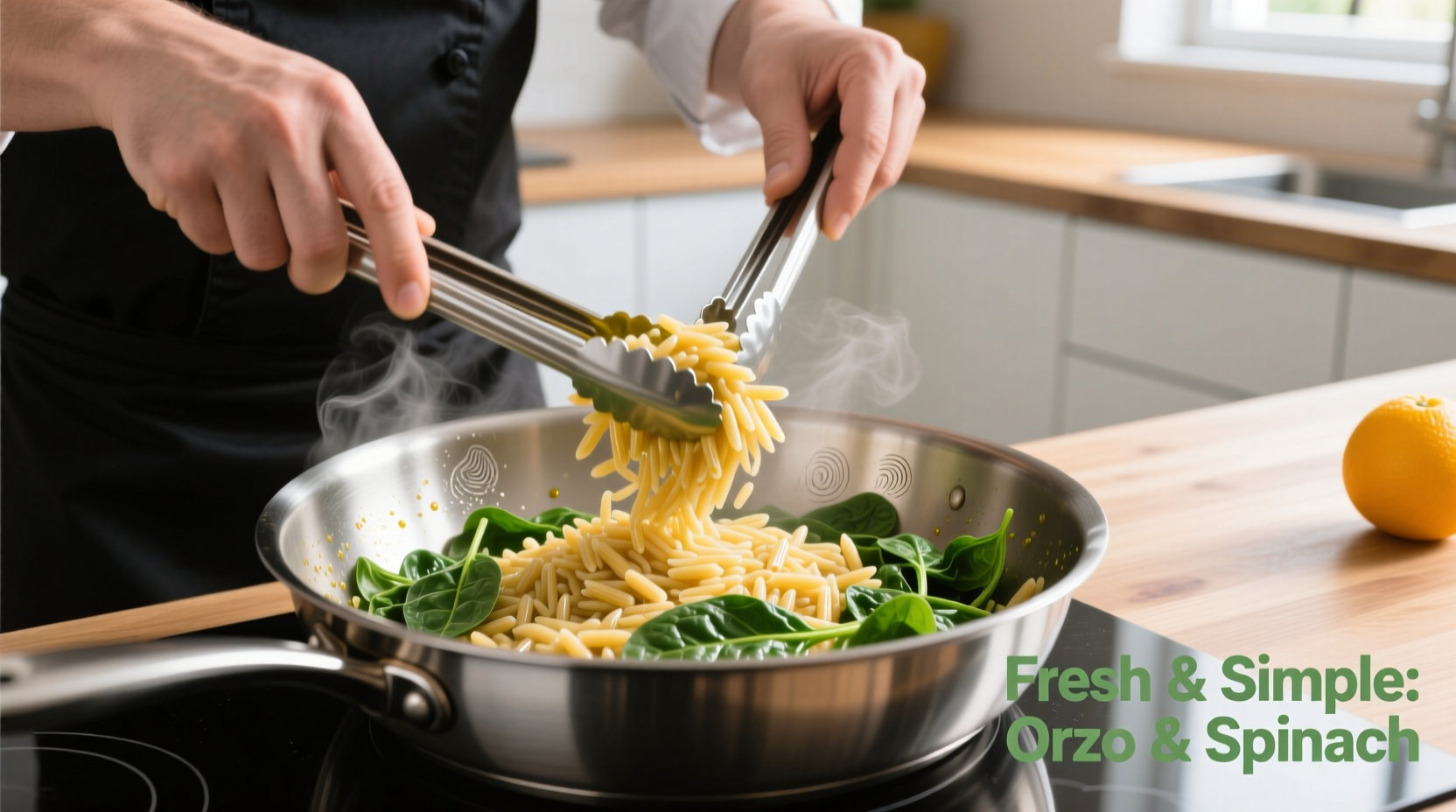 Chef preparing orzo and spinach in stainless steel pan
