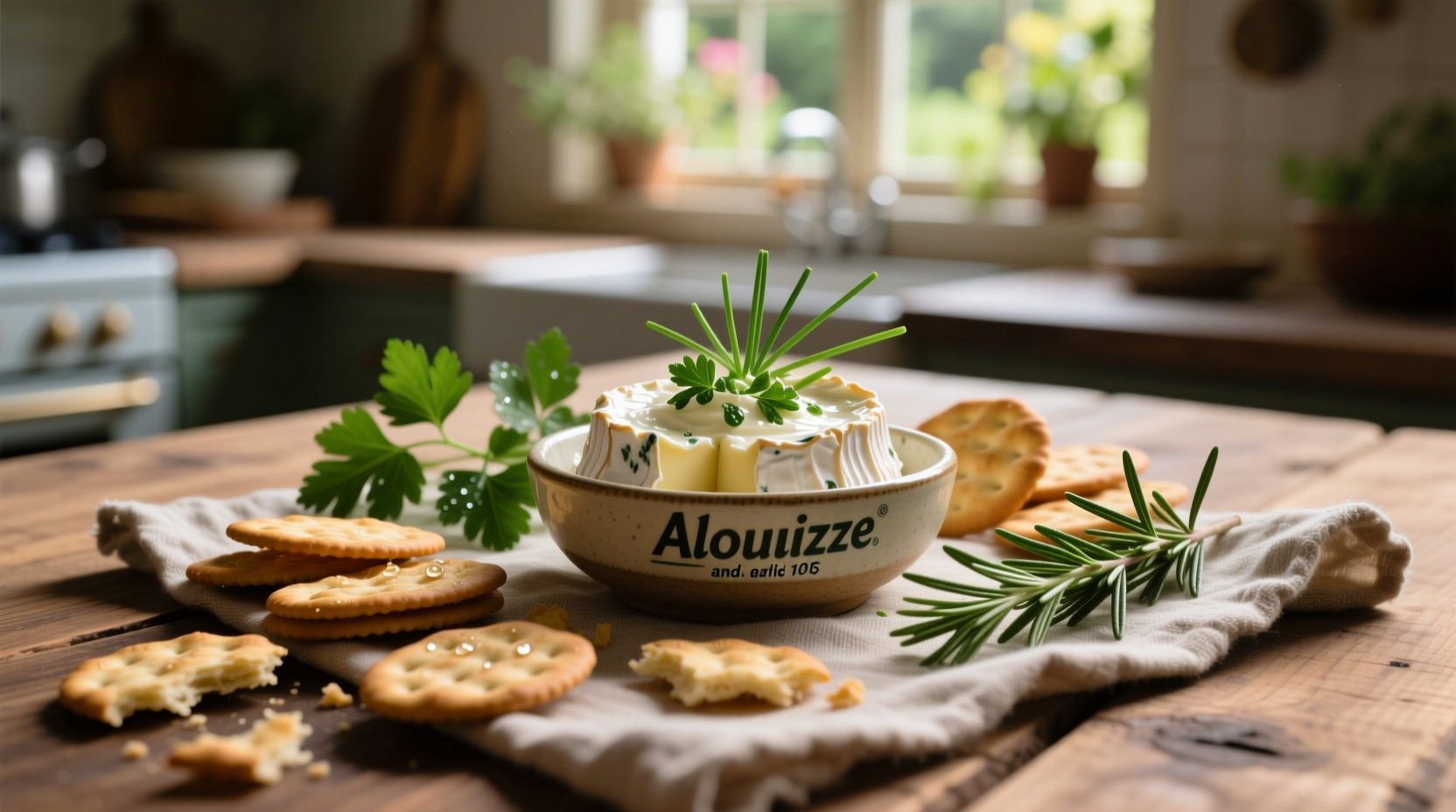 Alouette garlic and herb cheese spread on crackers with fresh herbs