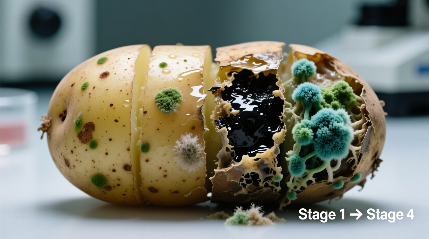 Close-up of various stages of potato spoilage