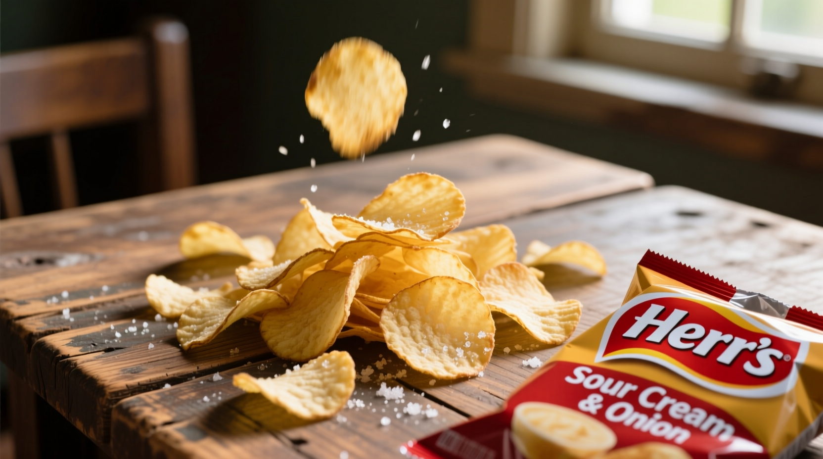 Herr's Sour Cream and Onion chips on wooden table