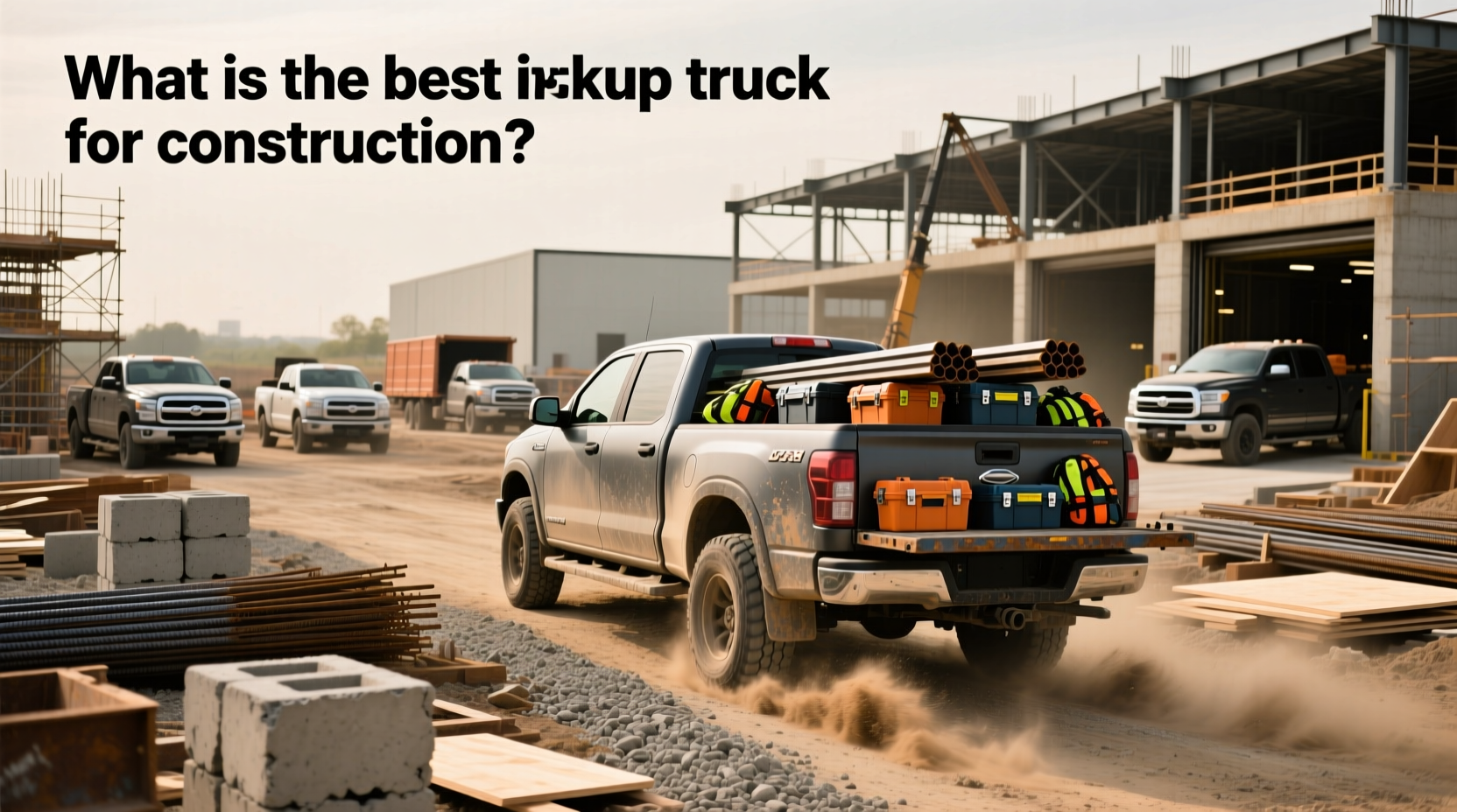 Construction pickup truck on a job site with tools in the bed