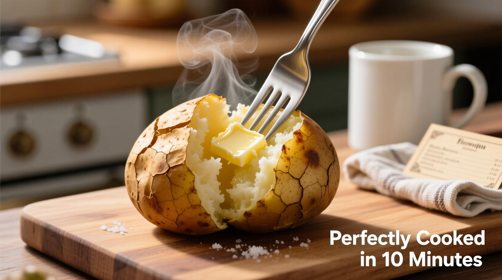 Perfectly cooked microwaved baked potato with fork