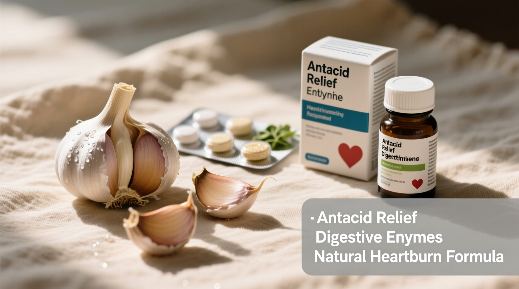 Garlic cloves next to heartburn relief items