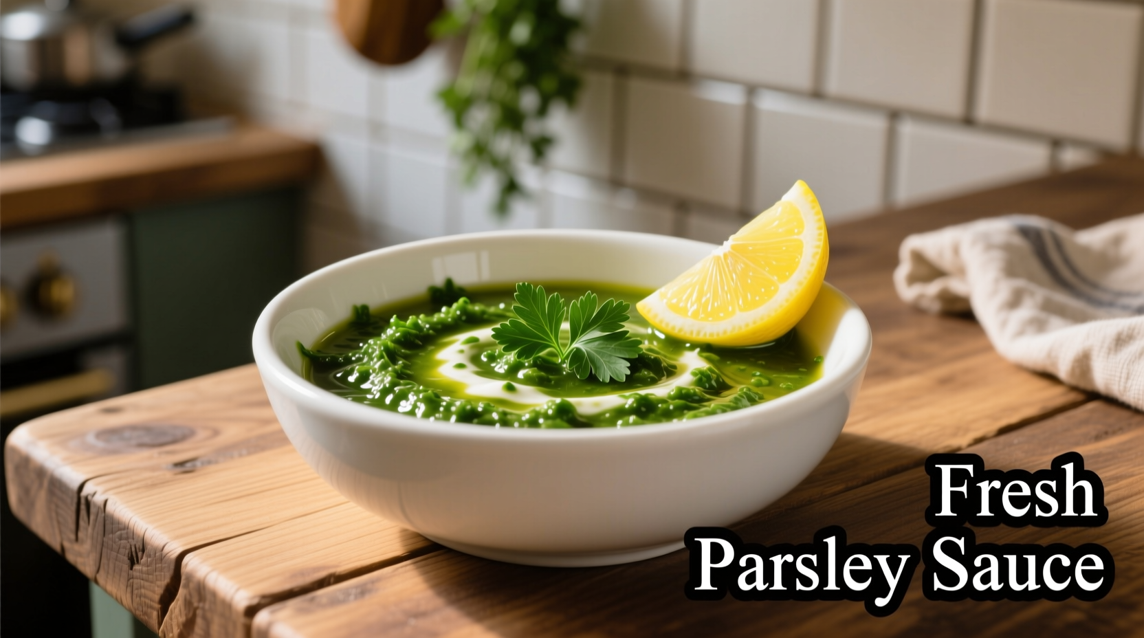 Fresh parsley sauce in white bowl with lemon wedge