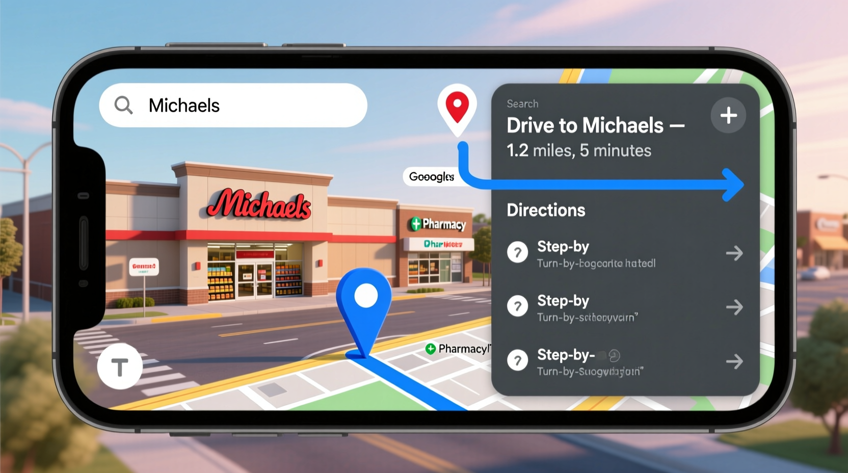 Google Maps showing Michaels store location with directions