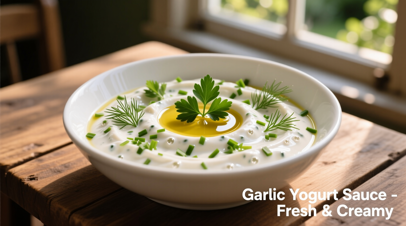 Creamy garlic yogurt sauce in white bowl with fresh herbs