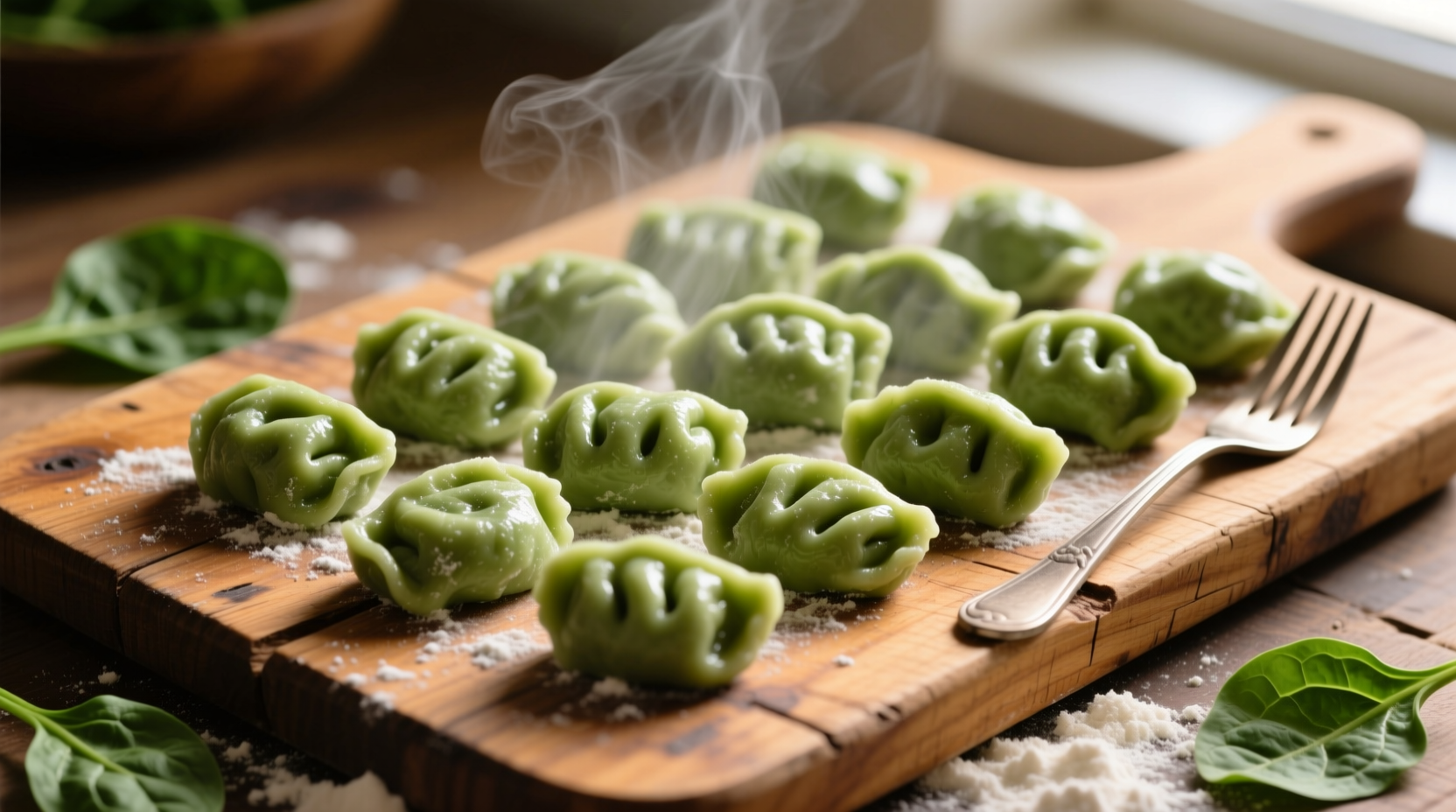 Homemade spinach gnocchi shaped on wooden board