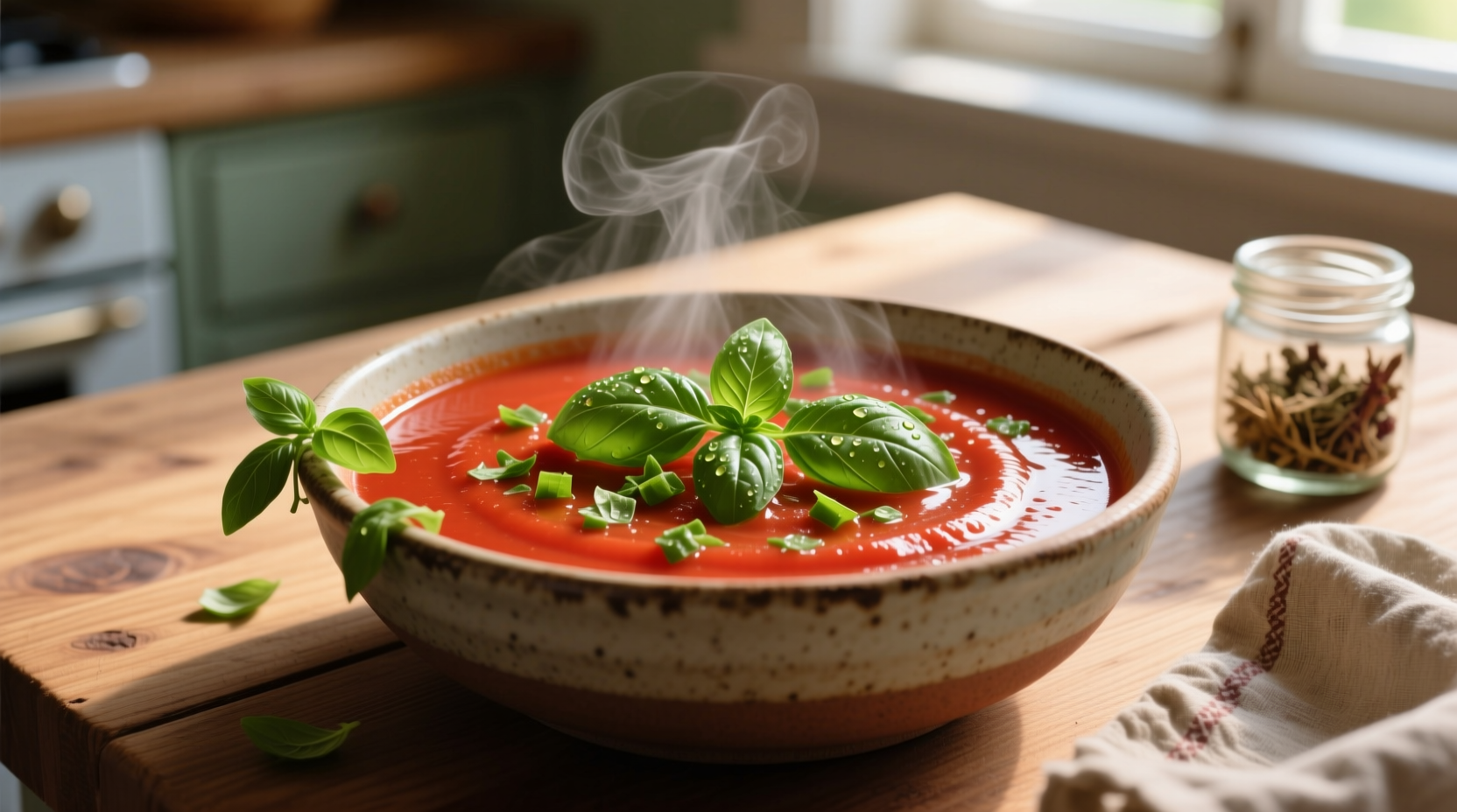 Homemade tomato soup with fresh basil garnish