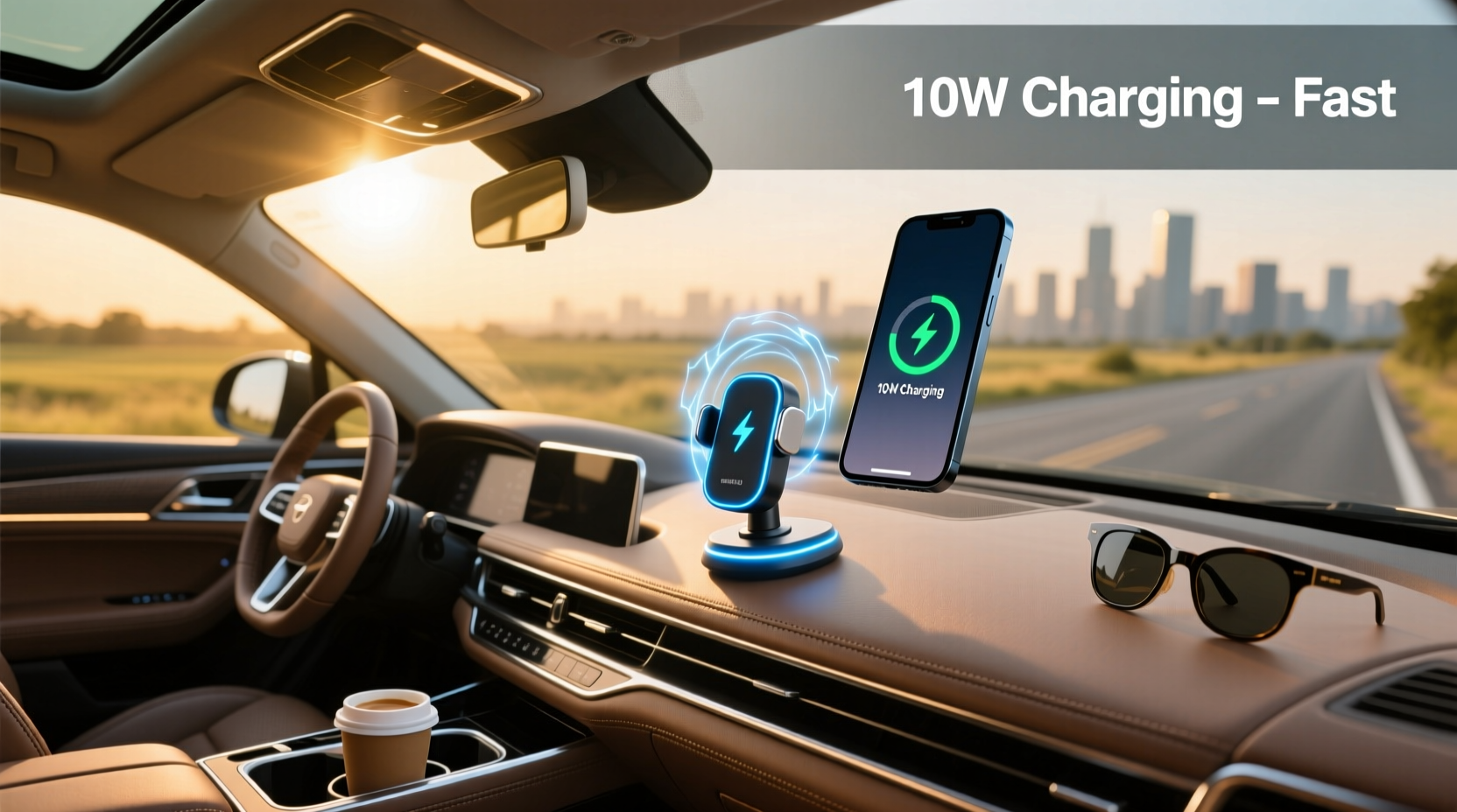 Black car mount with integrated 10W wireless charging pad
