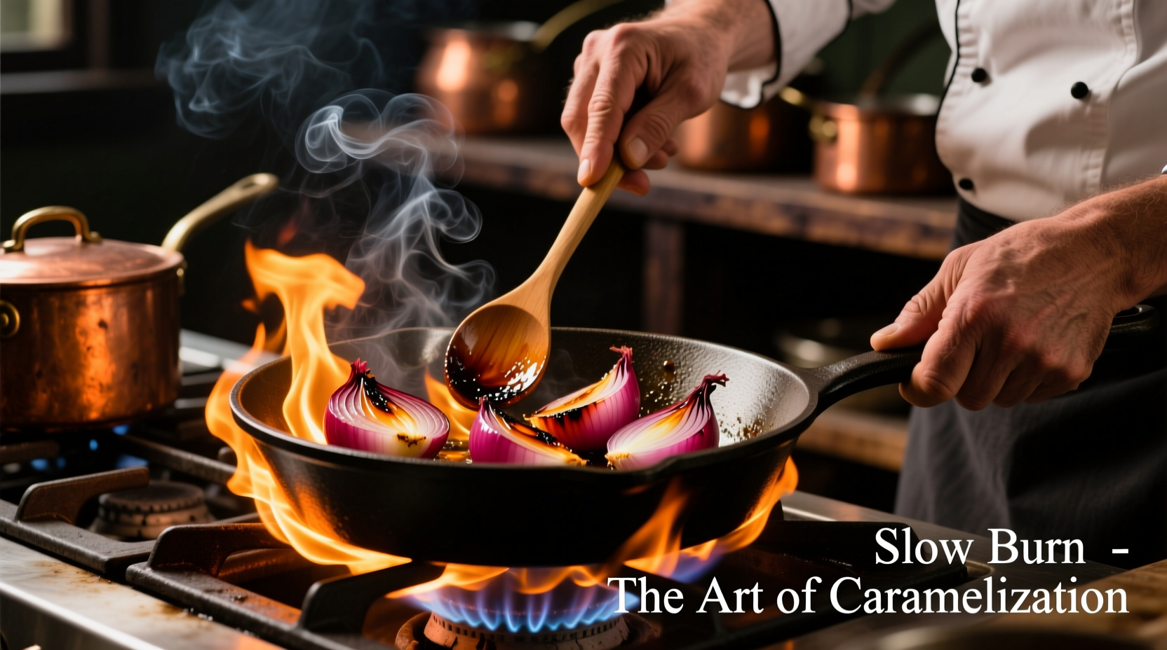 Chef charring red onions over gas flame