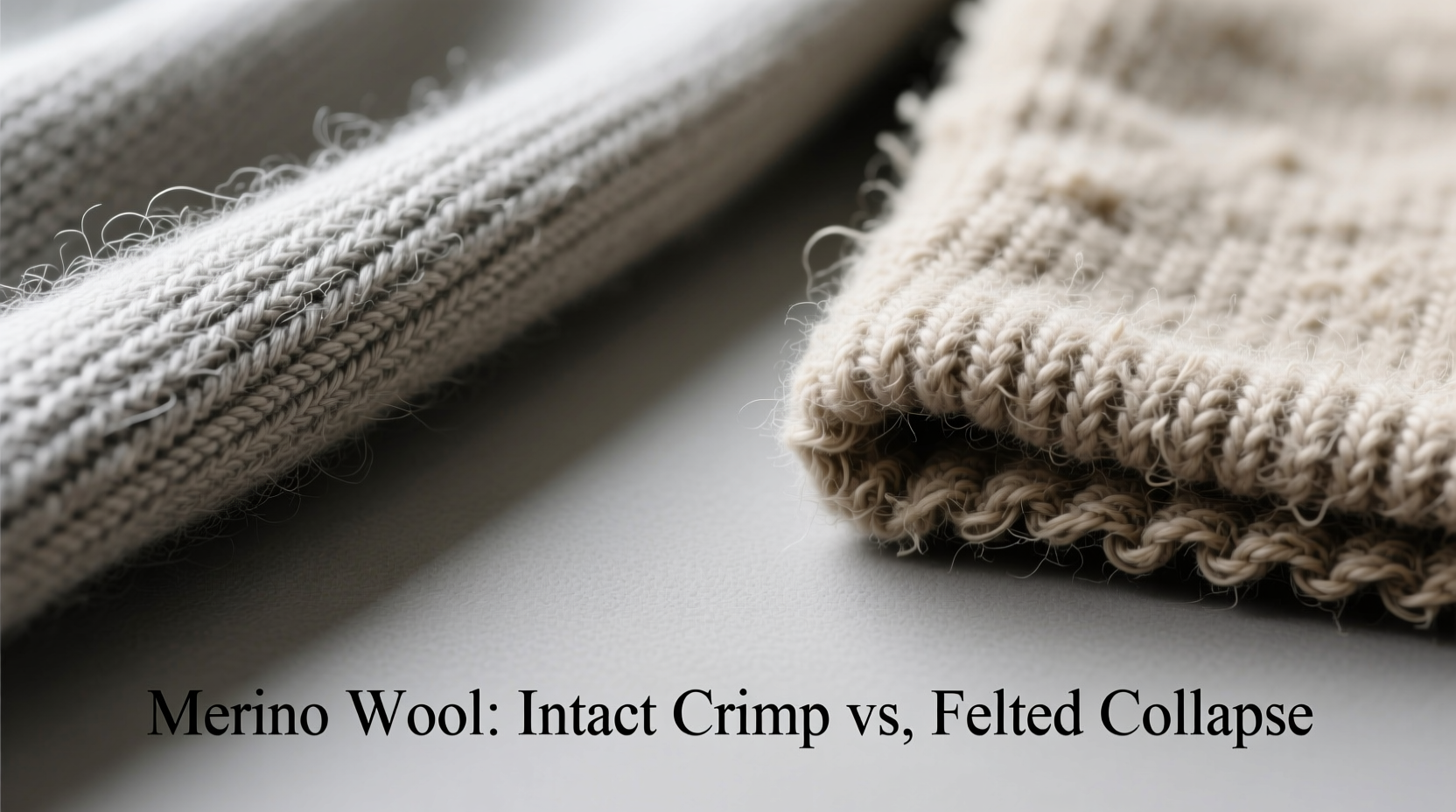 Side-by-side comparison: correctly laid-flat merino base layer on mesh rack versus misshapen, stretched garment hanging on hanger—demonstrating gravity-induced distortion in wet wool