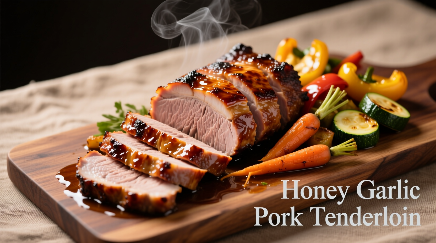 Sliced honey garlic pork tenderloin with roasted vegetables