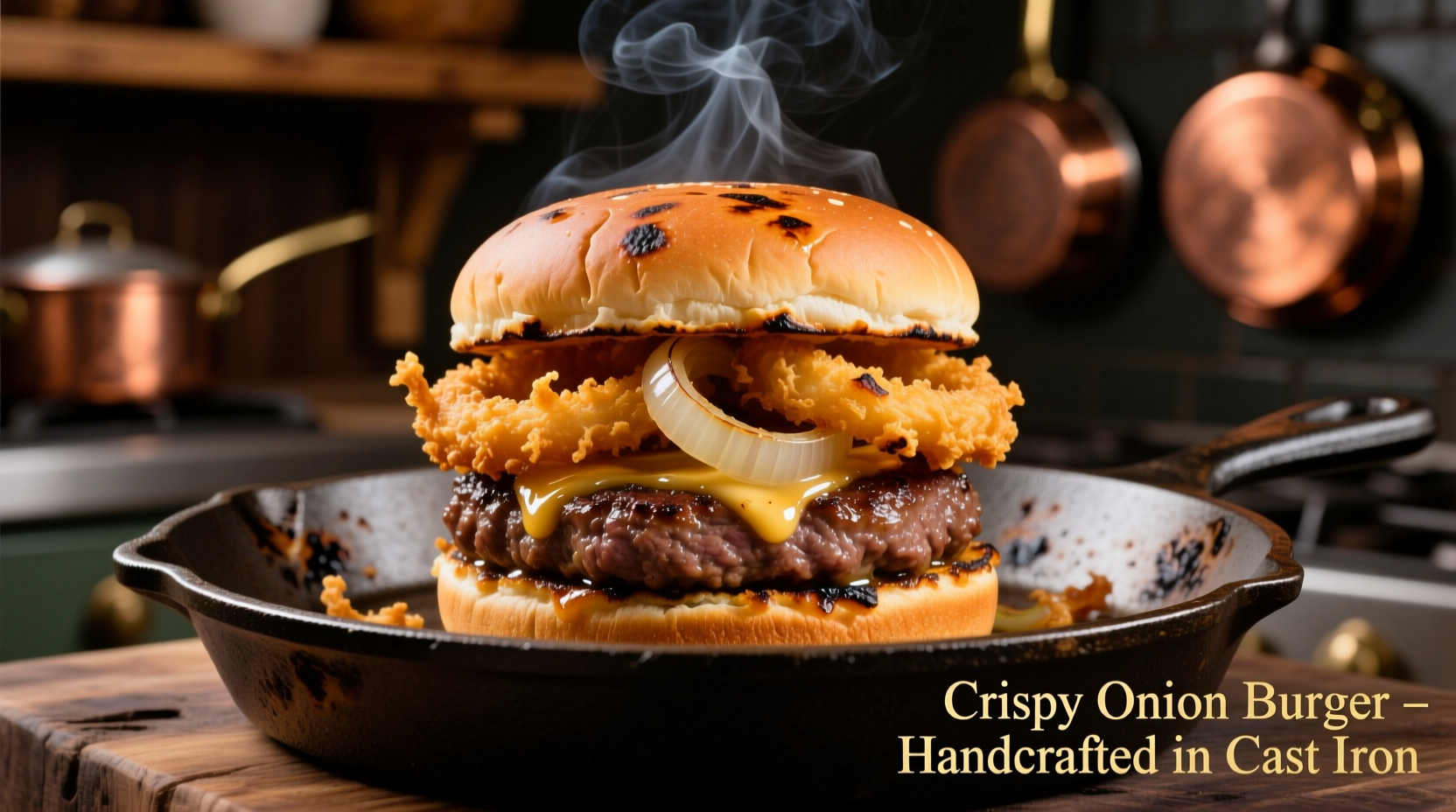 Crispy fried onion burger with caramelized edges on cast iron