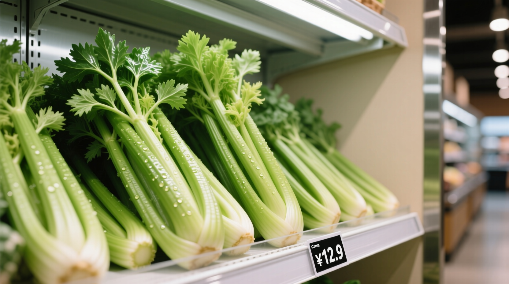 Fresh celery stalks arranged in grocery store display