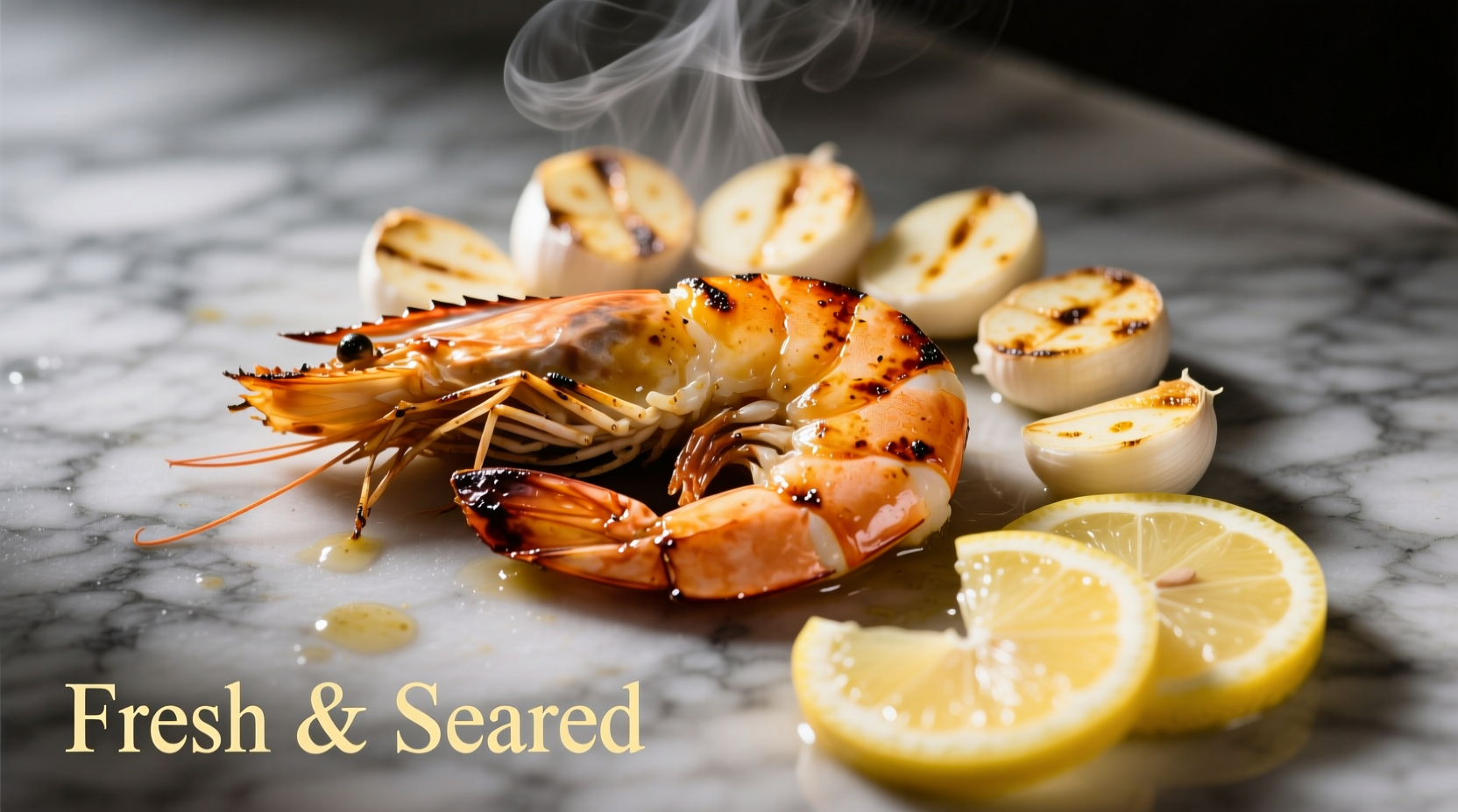 Perfectly seared shrimp with garlic and lemon slices