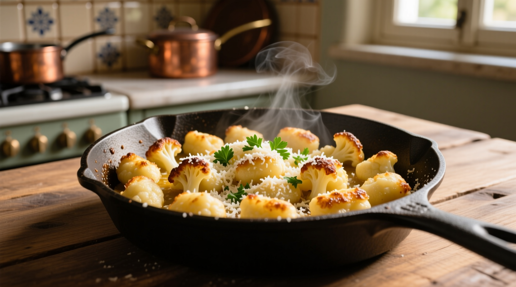 Perfectly golden cauliflower gnocchi in cast iron skillet