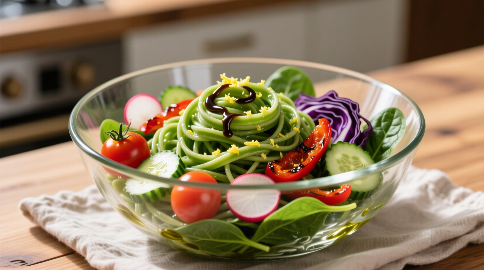 Fresh spinach pasta salad in glass bowl with colorful vegetables
