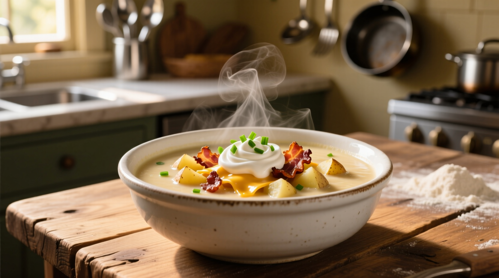Creamy loaded baked potato soup in white bowl