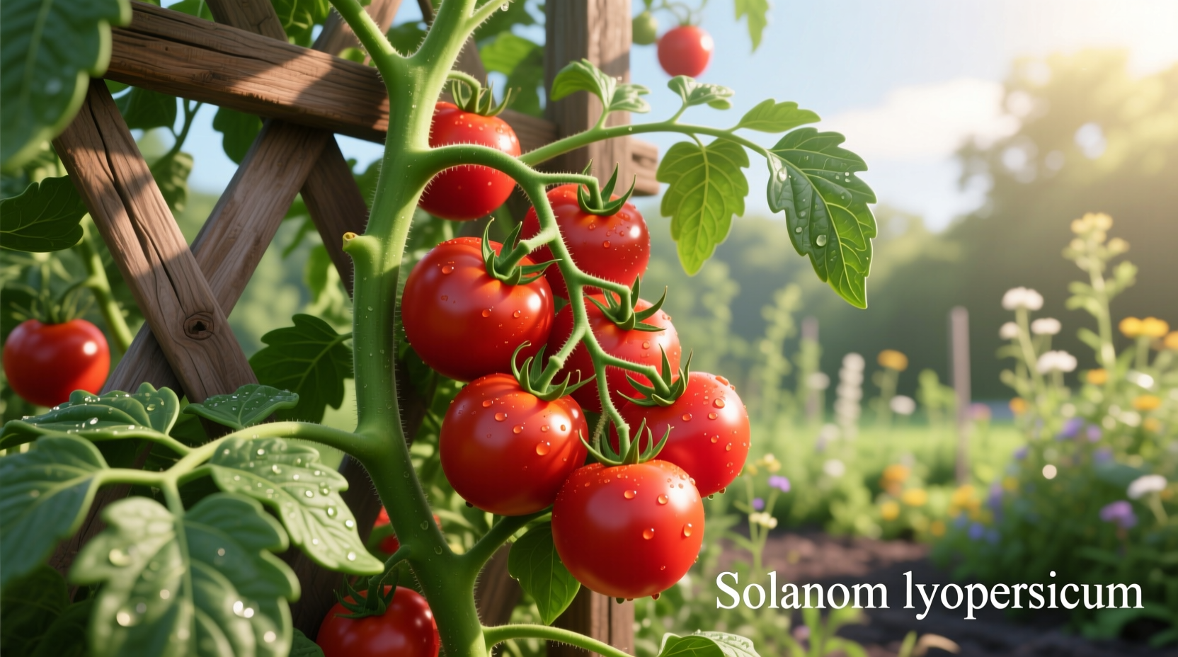 Tomato plant with ripe red fruits growing on vine
