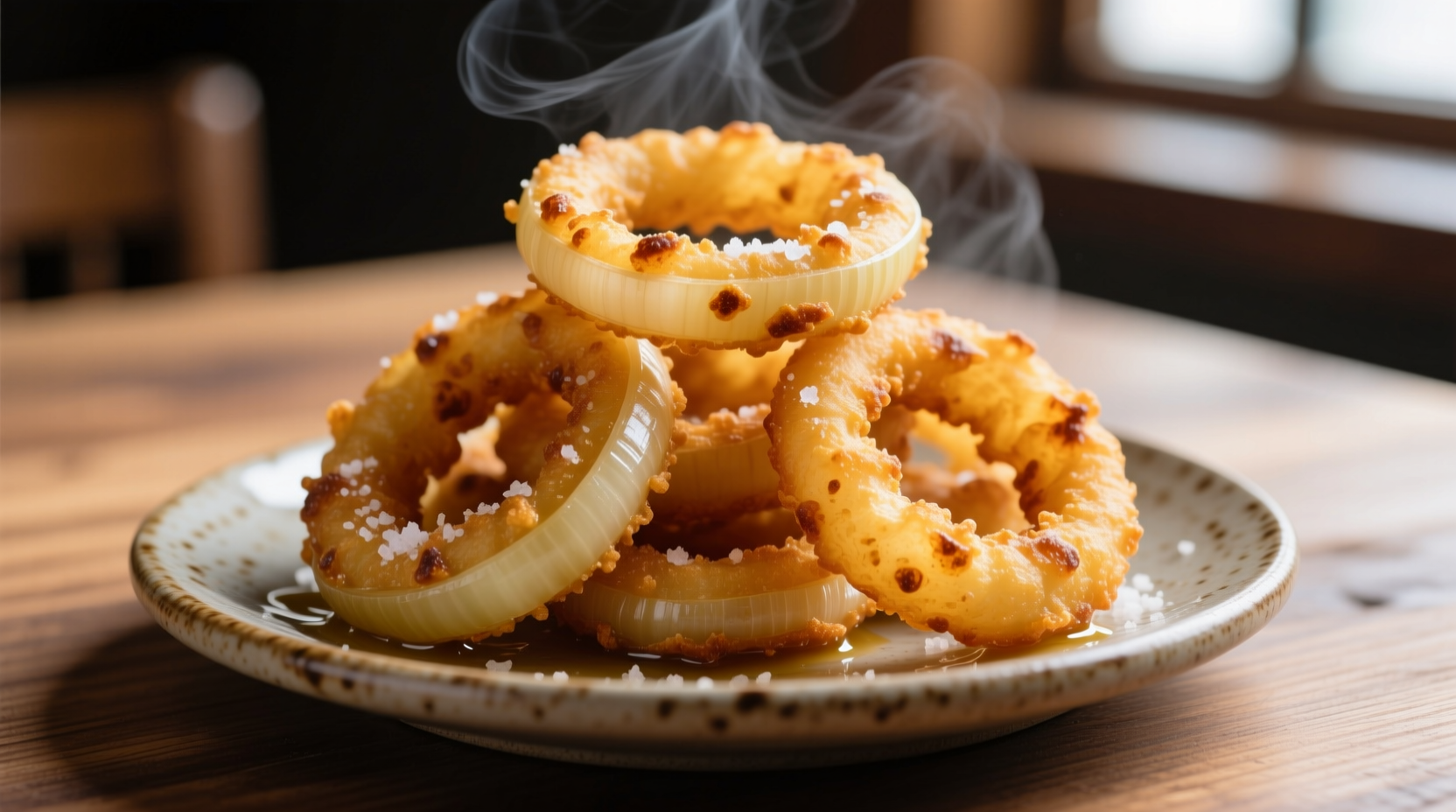 Freshly made crispy onion rings on a plate