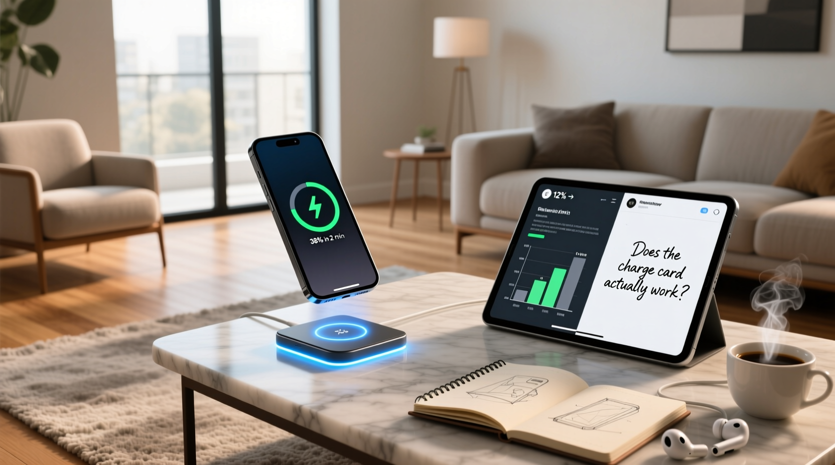 Wireless charge card placed next to smartphone showing charging status